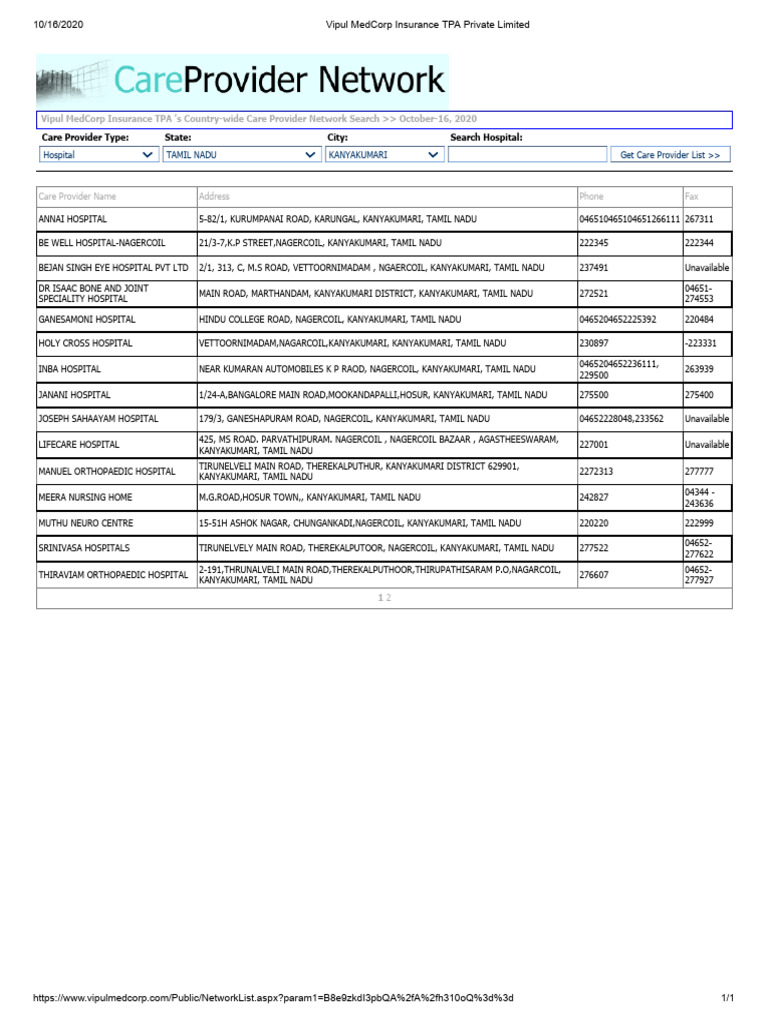 Kanyakumari Hospital Network List | PDF
