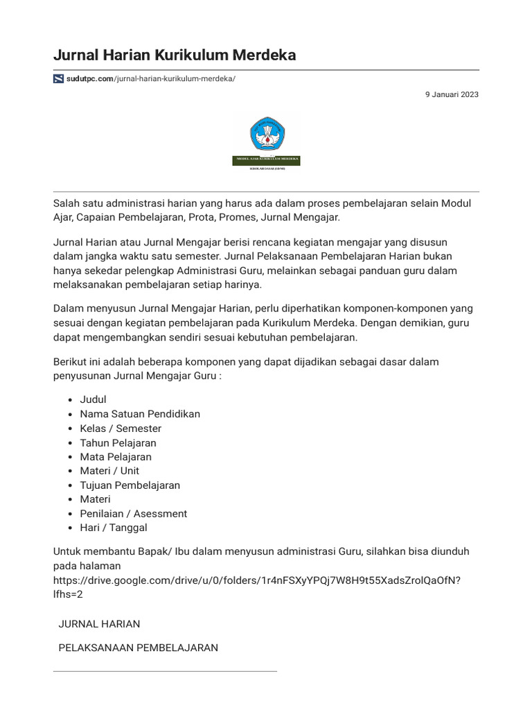 Jurnal Harian Pembelajaran Kurikulum Merdeka | PDF