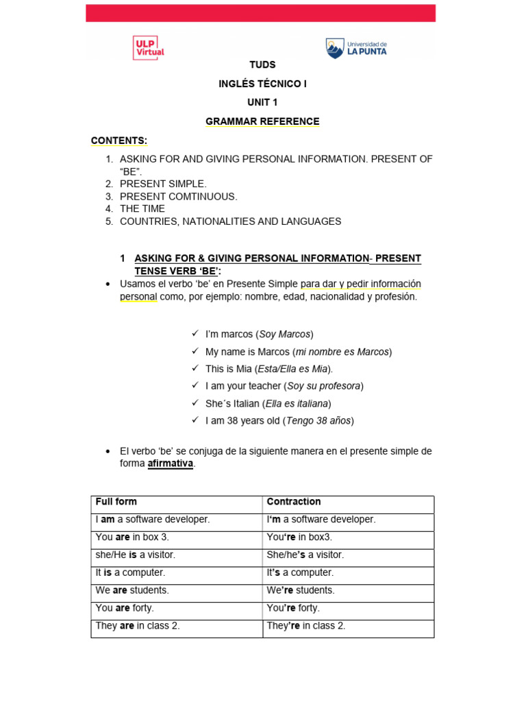 Grammar Reference. Unit 1 | PDF | Relaciones sintácticas | Sintaxis