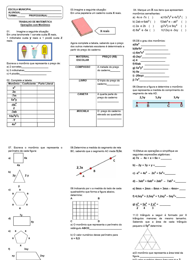 Operações com Monômios - 8º Ano | PDF | Geometria Euclidiana ...