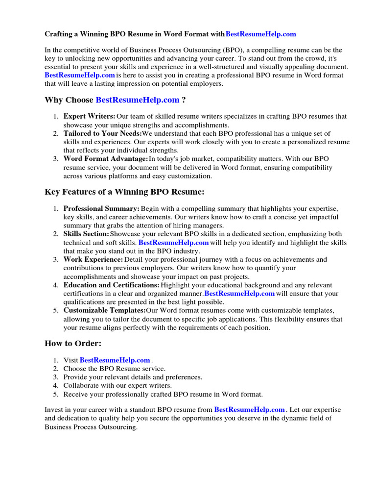 BPO Resume Crafting Guide in Word Format | PDF | Résumé | Outsourcing
