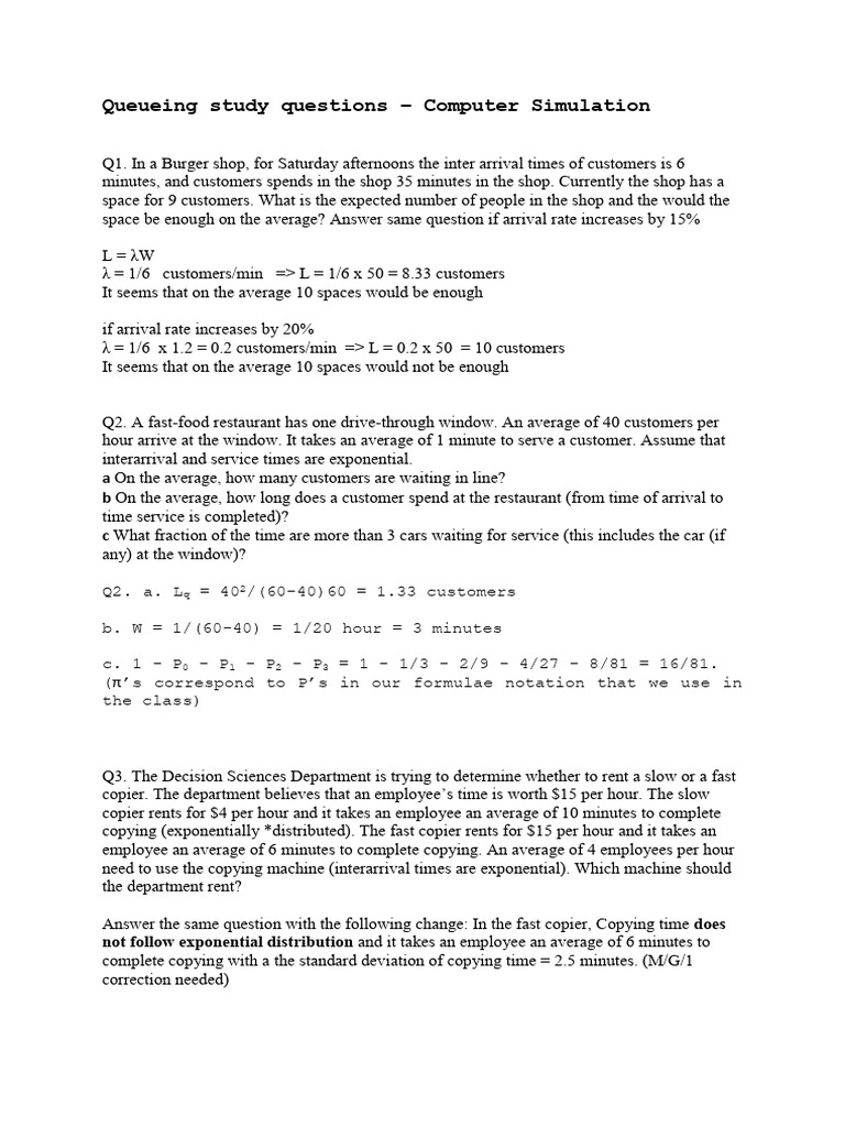 Queueing Theory Study Questions | PDF | Teaching Methods & Materials ...