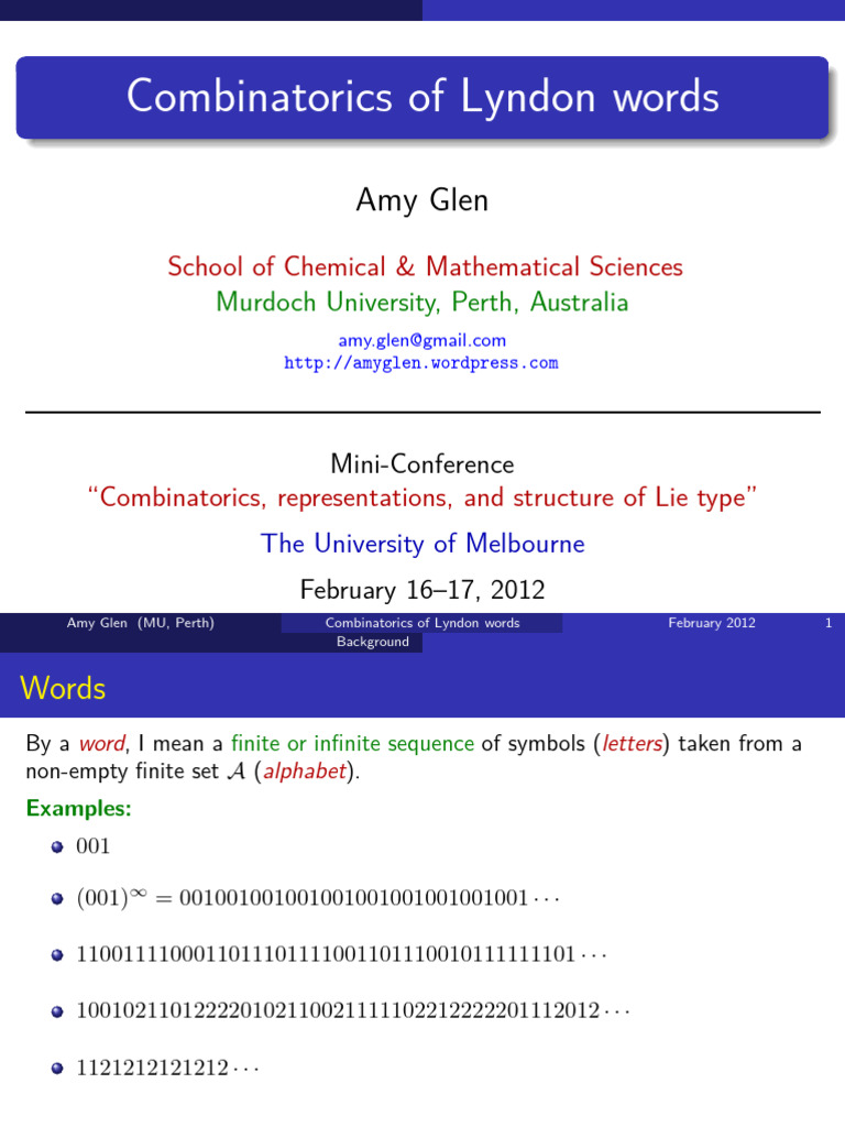 lyndon melbourne talk feb2012 PDF Combinatorics Mathematics