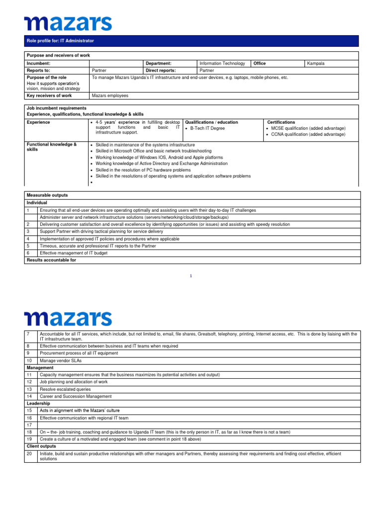 Role Profile - IT Administrator | PDF