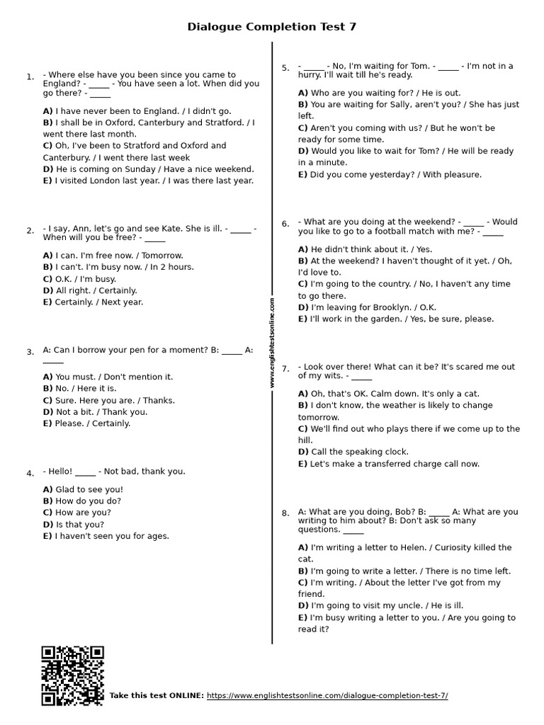 Dialogue Completion Practice Test | PDF