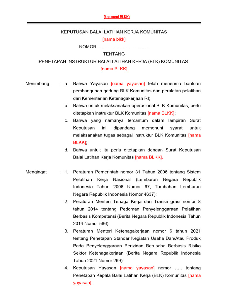 Penetapan Instruktur BLK Komunitas | PDF | Komputer