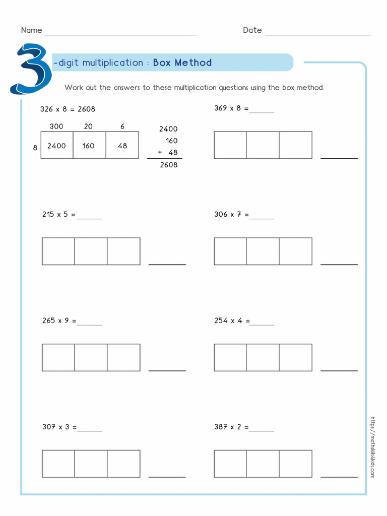 Box Multiplication Partial Products Method 3 Digit by 1 Digit
