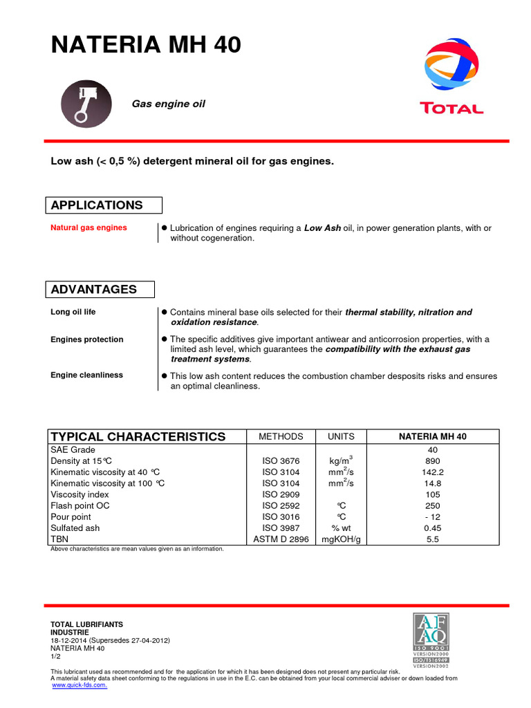 NATERIA MH 40 Gas Engine Oil Overview | PDF