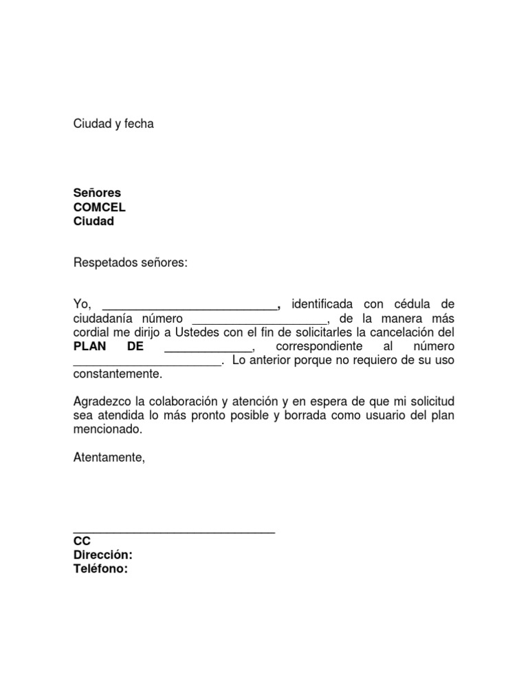 Formato Carta Entrega de Plan COMCEL