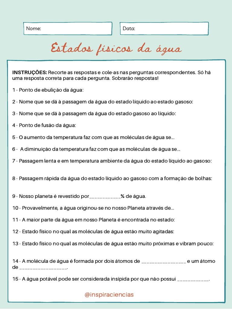 Atividade Estados Físicos Da Materia 9 Ano | PDF