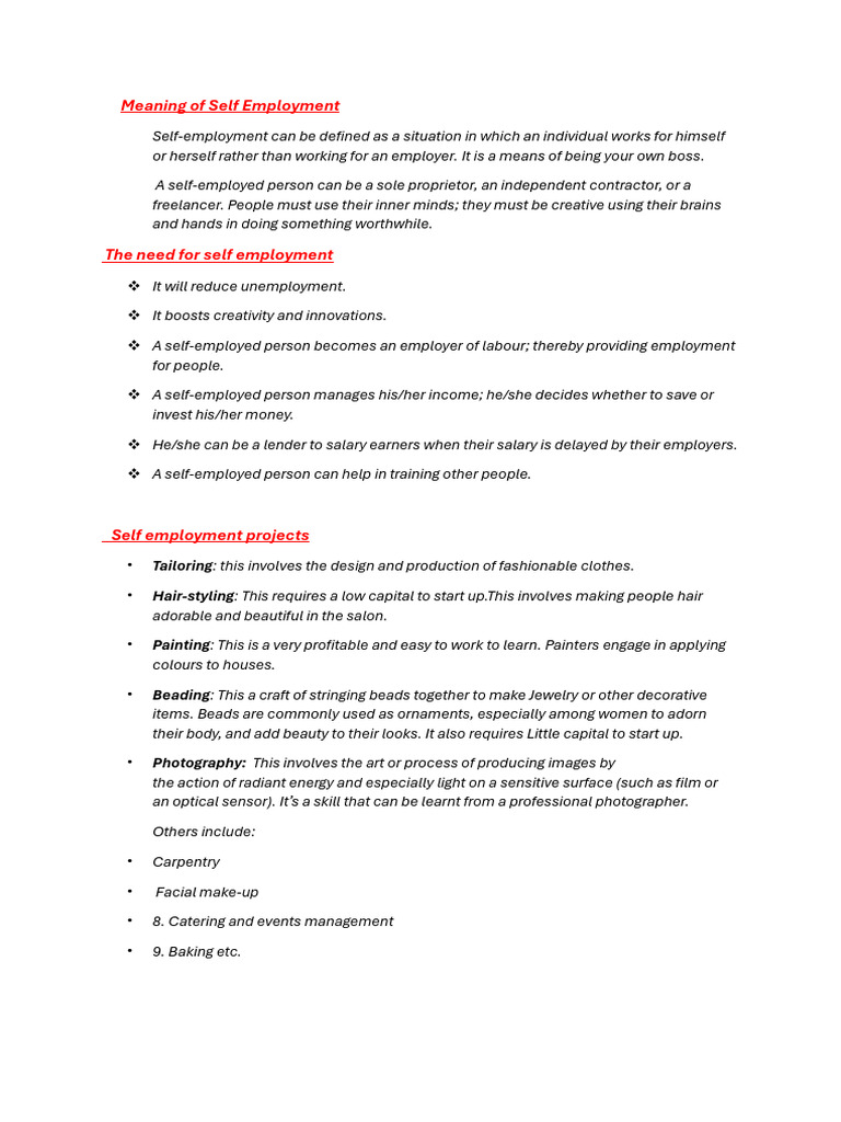 Self Employment Pdf