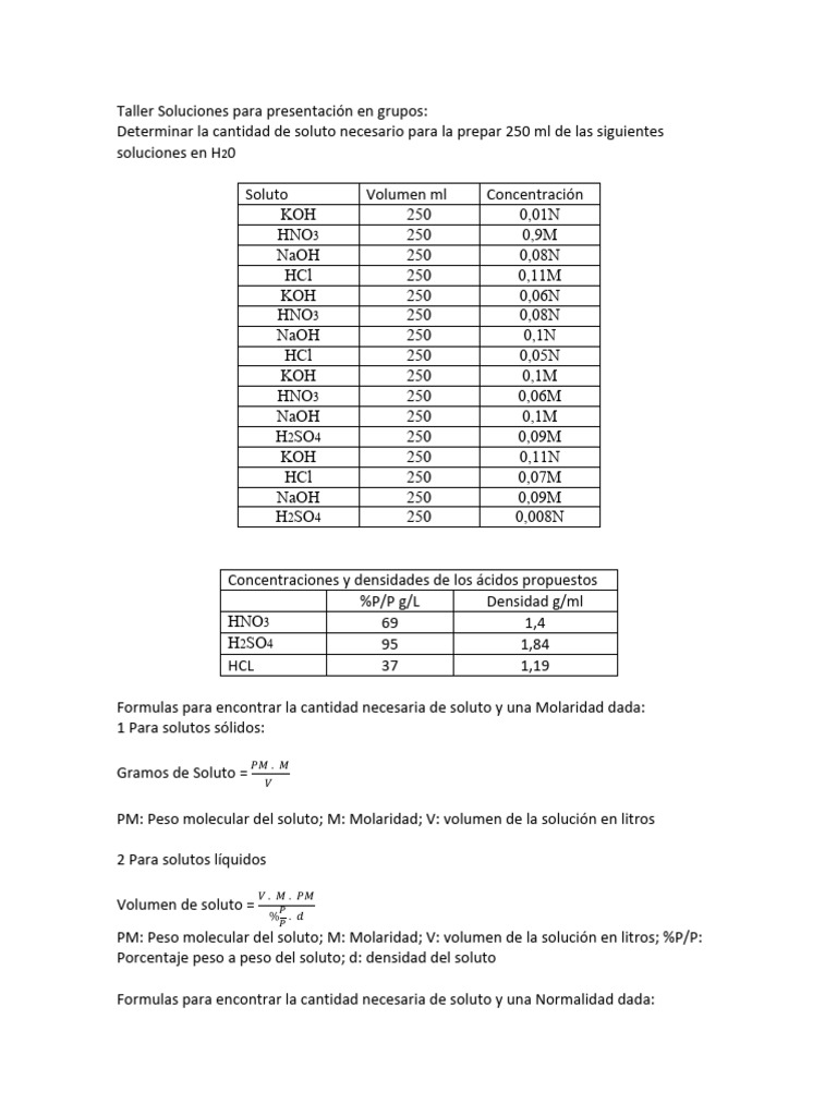 Cálculo de Solutos para Soluciones Acuosas | PDF | Volumen | Cantidades ...