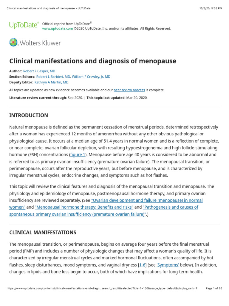 Clinical manifestations and diagnosis of menopause UpToDate PDF