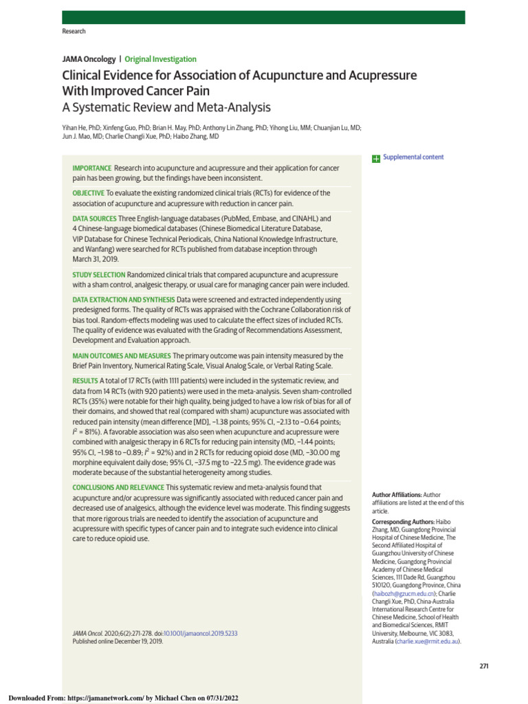 Clinical Evidence For Association of Acupuncture and Acupressure With ...
