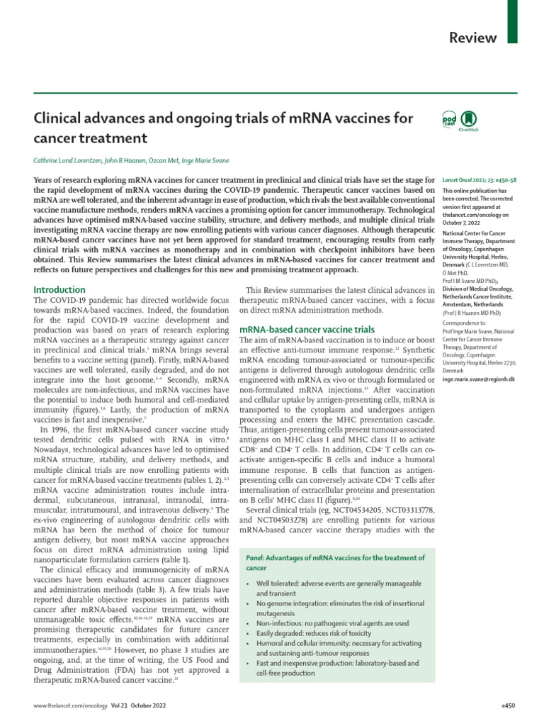 Clinical Advances and Ongoing Trials of mRNA Vaccines For Cancer ...