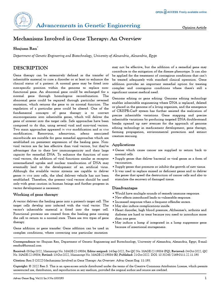 Mechanisms Involved in Gene Therapy An Overview | PDF | Viral Vector ...