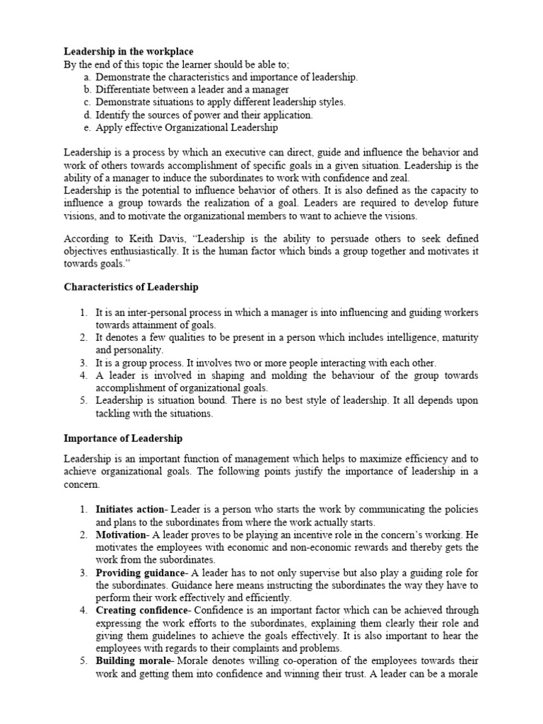 Leadership in the Workplace Essentials | PDF | Leadership | Power ...
