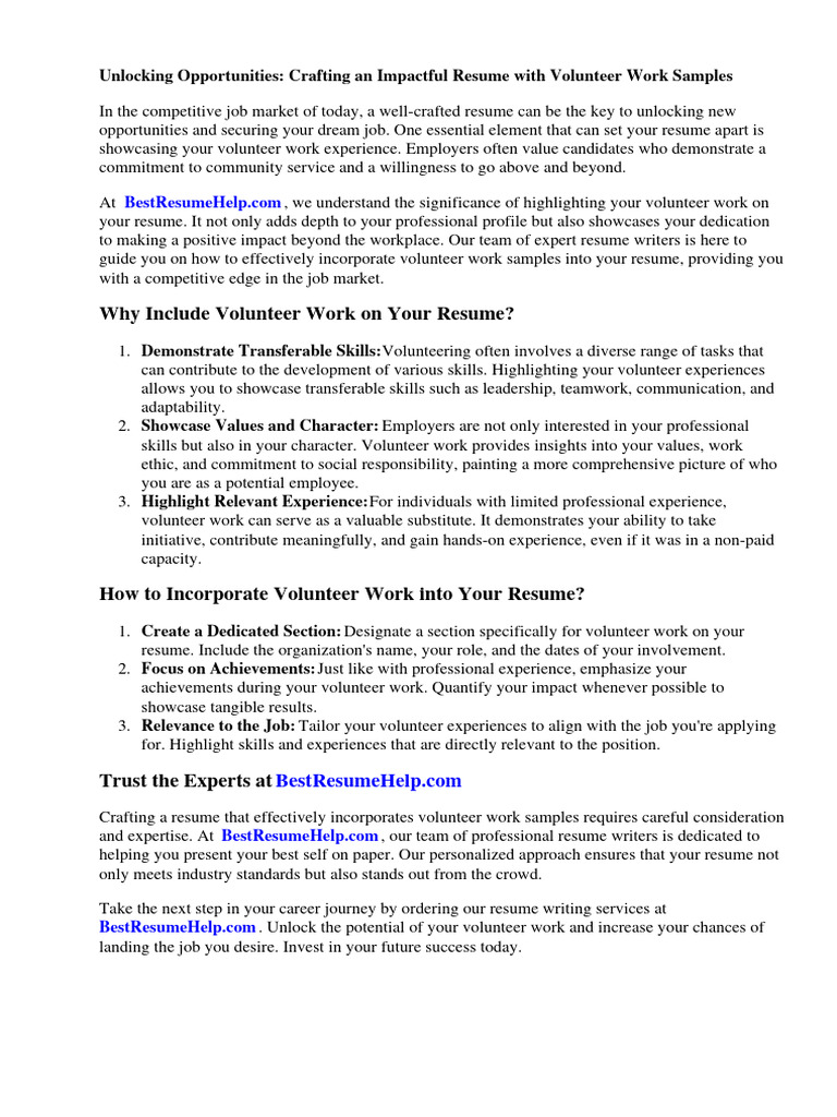 Resume Volunteer Work Sample - 1719919938