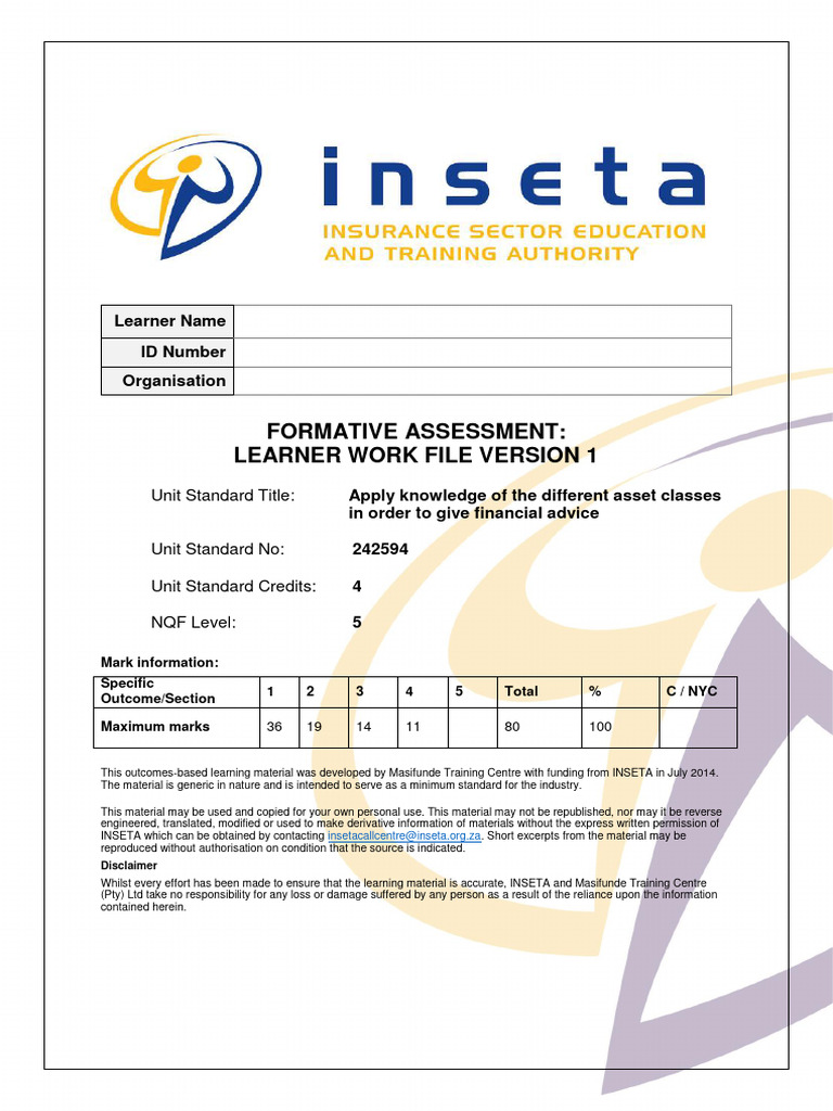 Learner Work File 242594 V1 | PDF | Asset Allocation | Risk