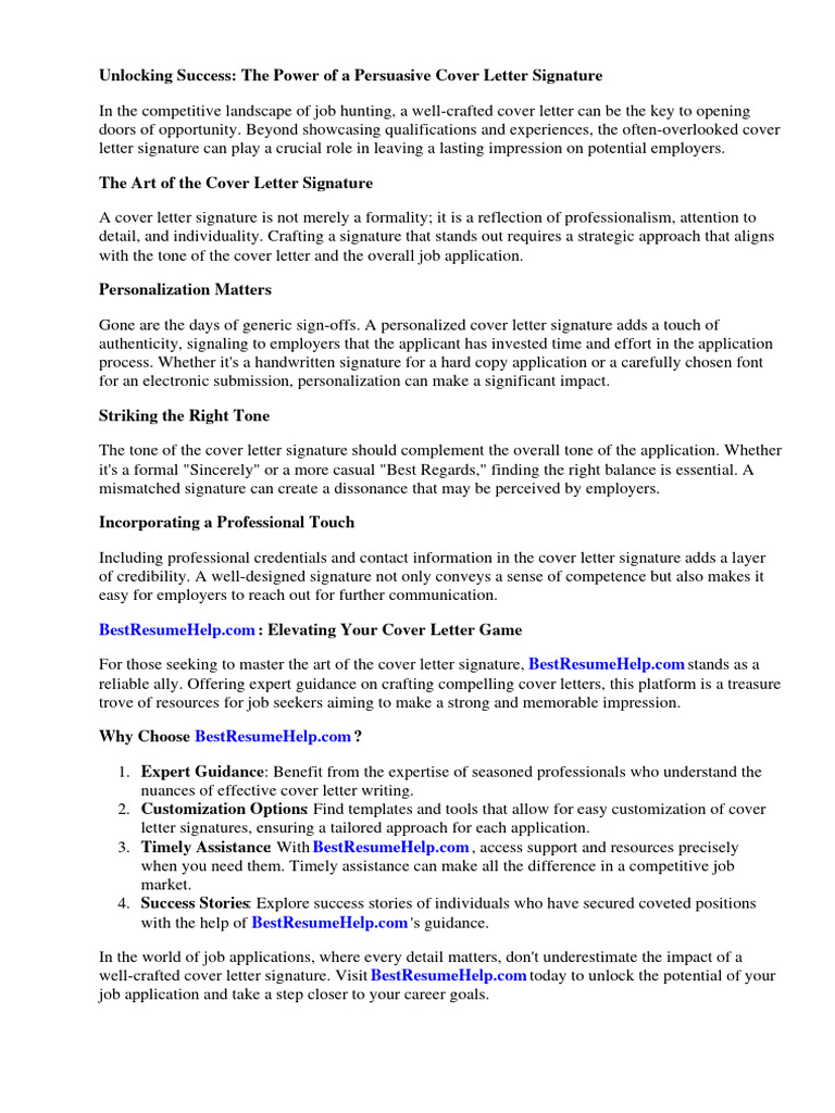 Cover Letter Signature Line PDF Résumé Signature