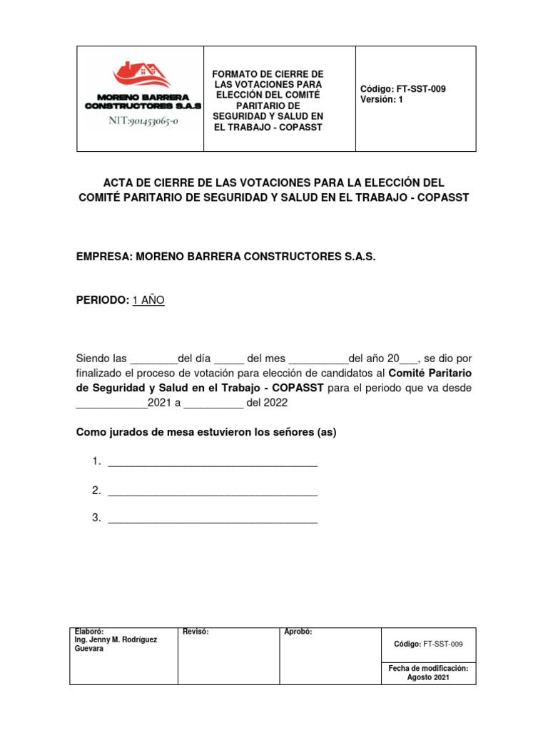 Acta de Cierre Votaciones COPASST | PDF