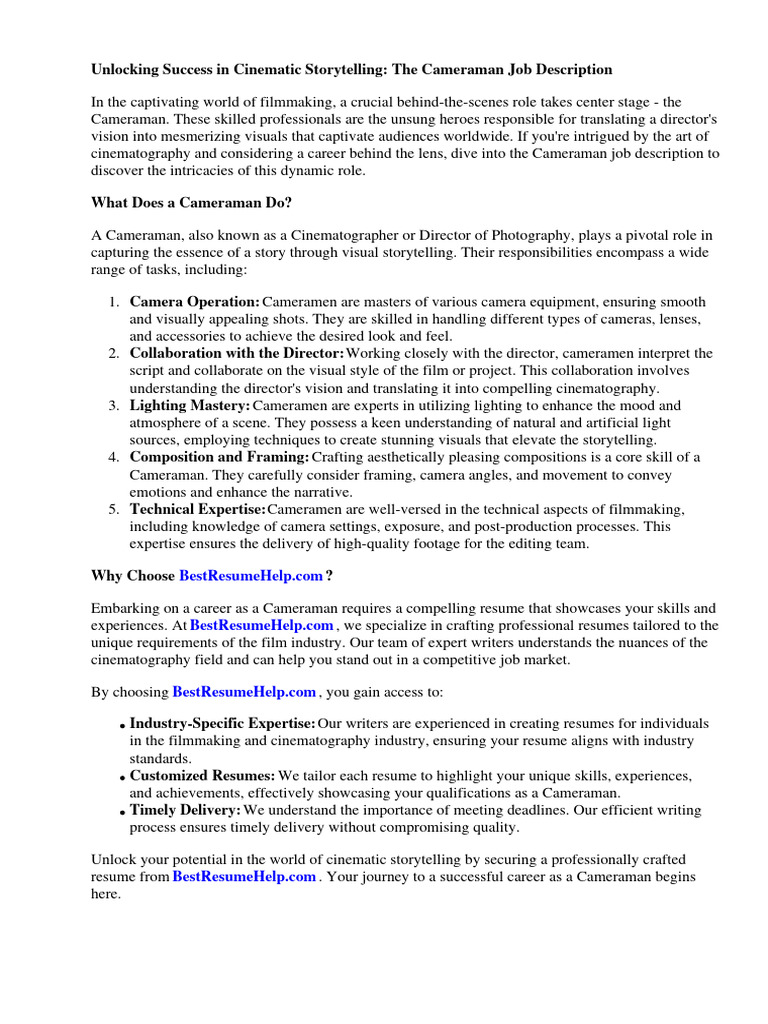 Cameraman Job Description Resume | PDF | Résumé | Cinematography