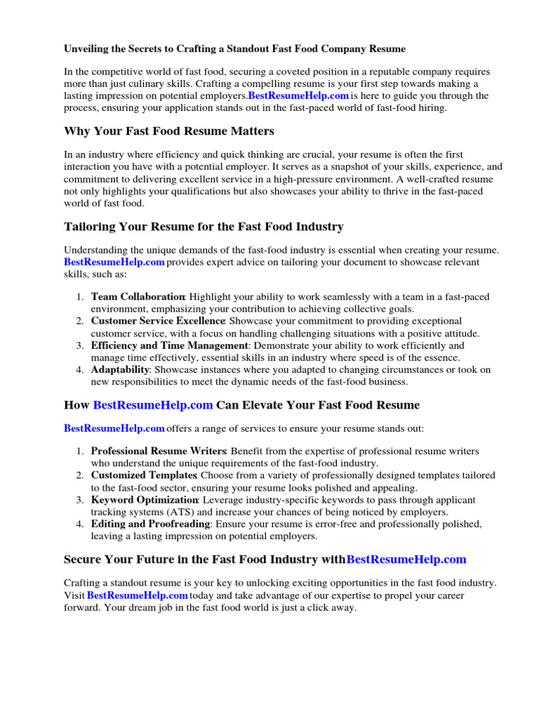 Fast Food Cover Letter Download Free PDF Résumé Fast Food