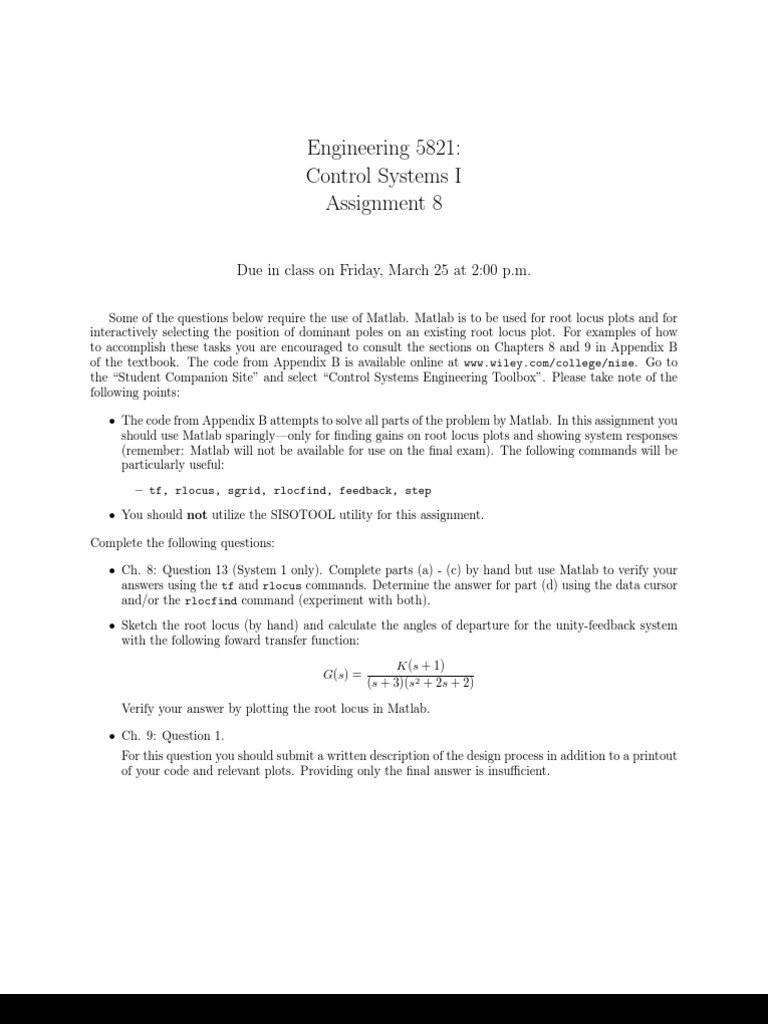 Engineering 5821: Control Systems I Assignment 8: Due in Class On ...