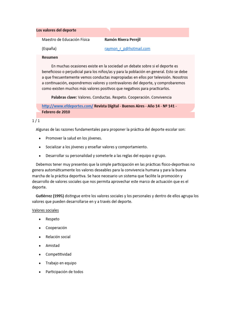 Valores del Deporte en la Educación | PDF | Deportes | Comportamiento