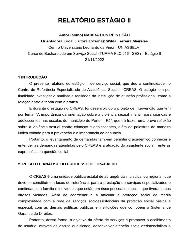 Relatório de Estágio II em Serviço Social | PDF | Trabalho social ...