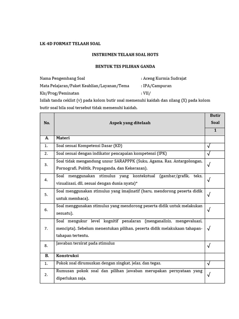 Format Telaah Soal HOTS LK-4D | PDF