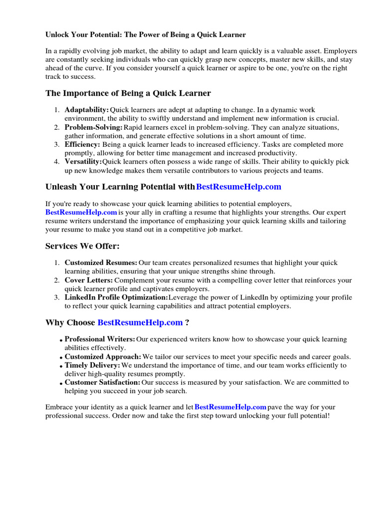 Quick Learner Resume PDF Learning - 1718786663