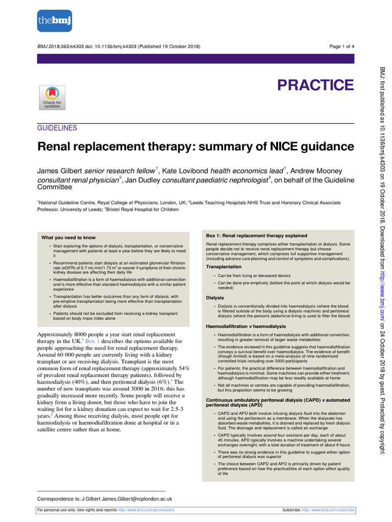 RRT_summary_of_the_NICE_guidelines_2018 PDF Kidney Transplantation