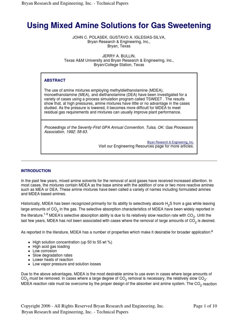 Using Mixed Amine Solutions For Gas Sweetening | PDF