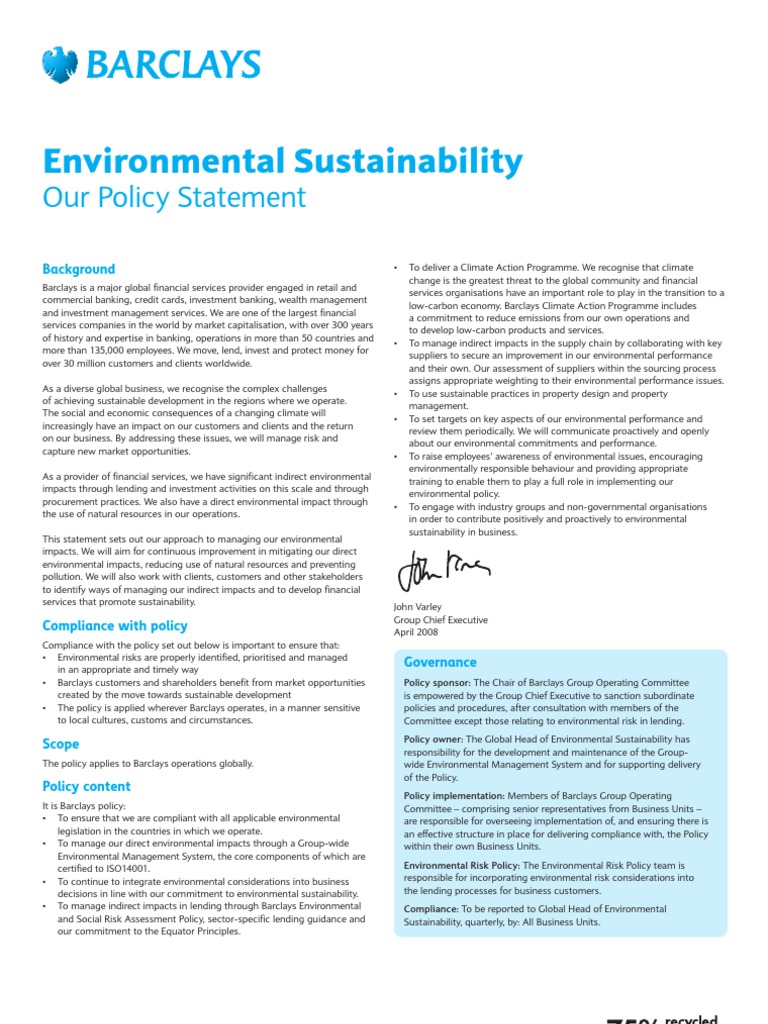 Barclays Environmental Sustainability Policy PDF Low Carbon Economy