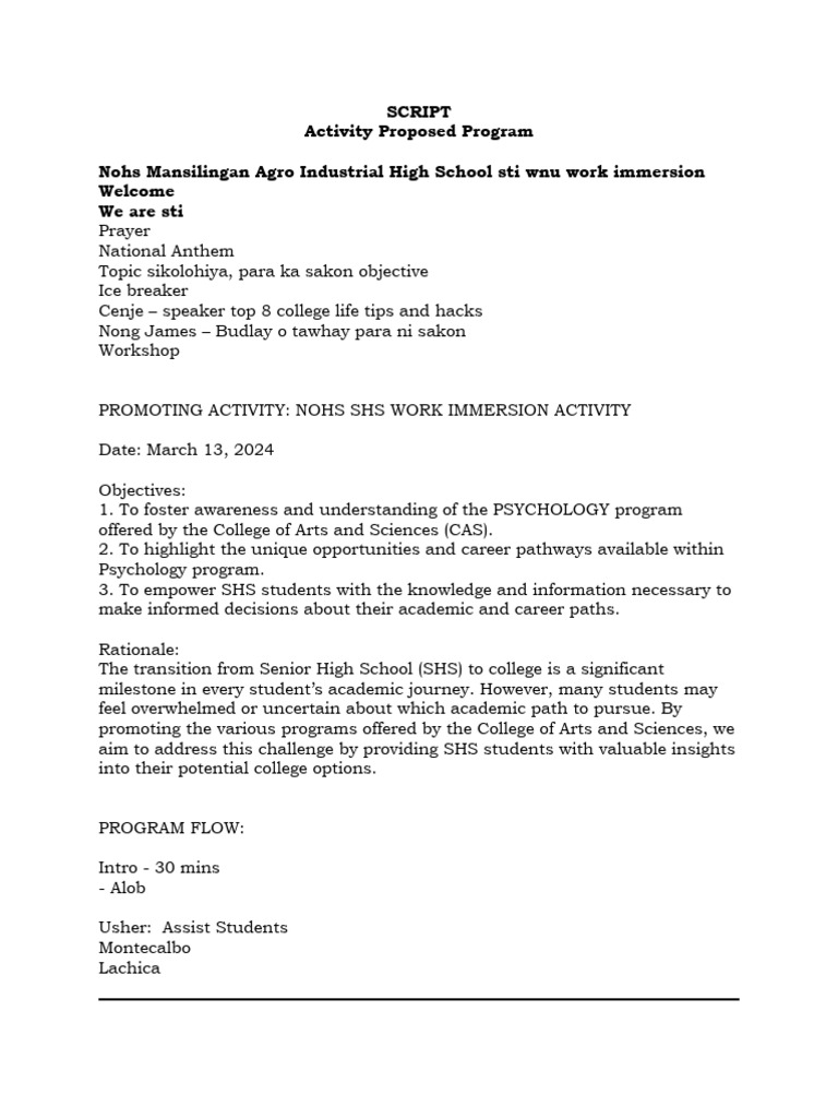 NOHS SHS Psychology Program Workshop | PDF | Psychology | Behavioural ...