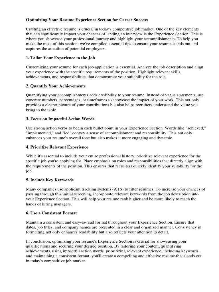 Resume Experience Section | PDF | Résumé | Recruitment