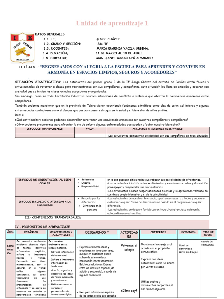 I Unidad de Aprendizaje 2do Grado 2024 Maju | PDF | Las emociones ...