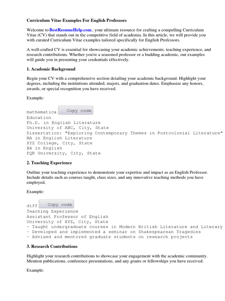 CV Examples for English Professors | PDF | Résumé