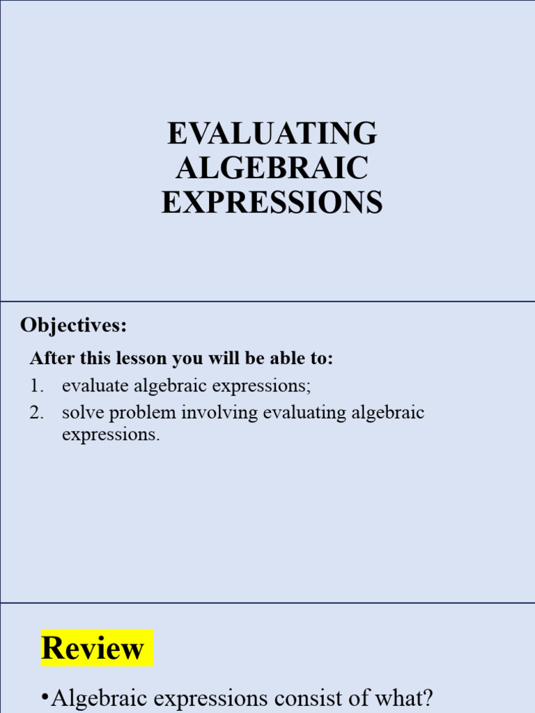 Evaluating Algebraic Expressions Guide | PDF | Mathematics | Algebra