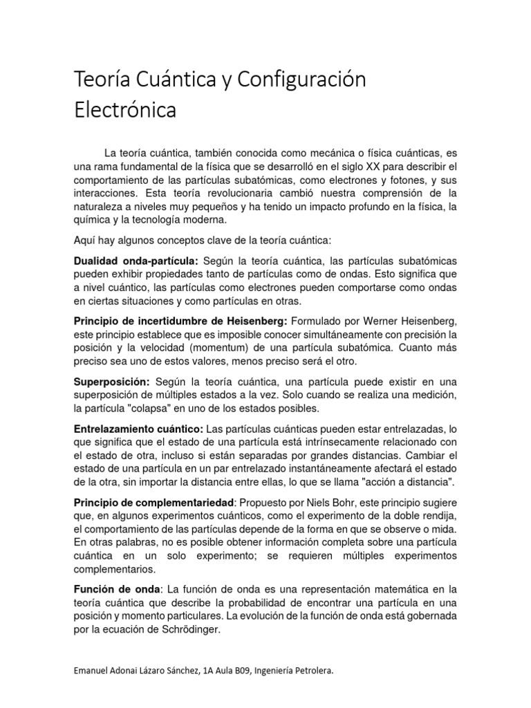 Teoría Cuántica y Configuración Electrónica | PDF | Mecánica cuántica ...