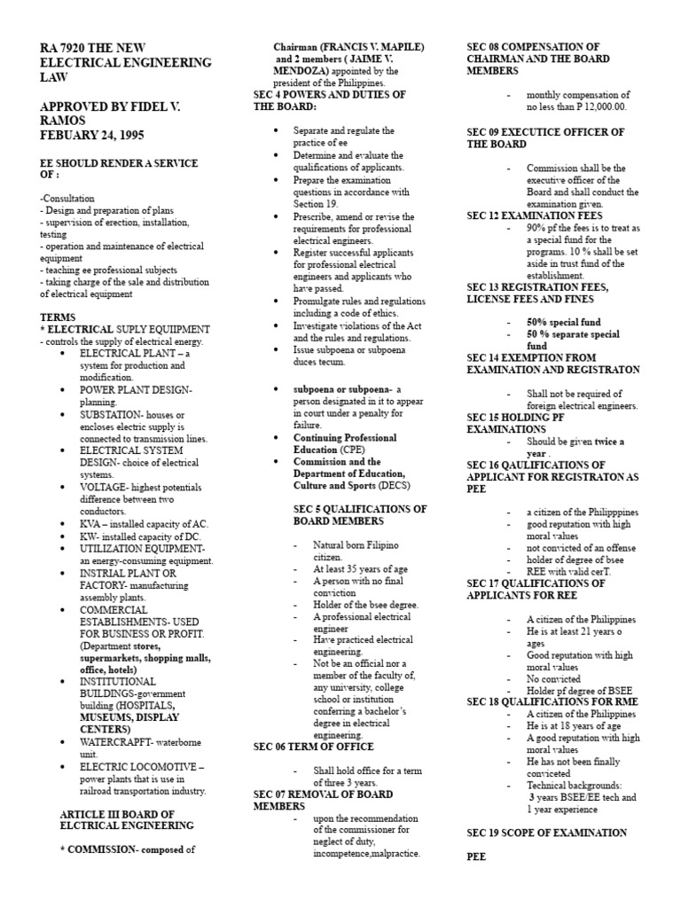 Ra 7920 the New Electrical Engineering Law Midterms PDF Electric