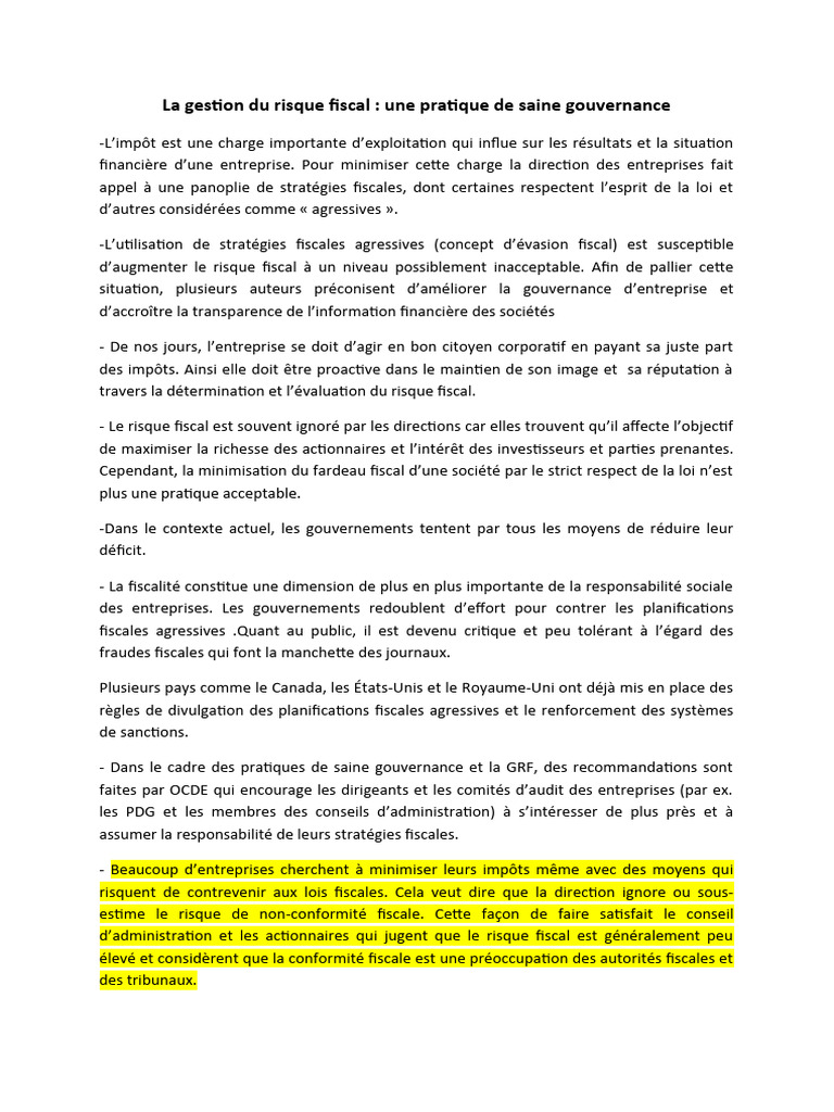 Gestion du risque fiscal en entreprise | PDF | Gestion des risques ...