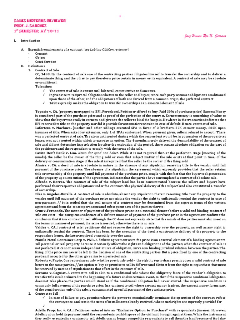 Sales Contract Essentials and Case Law | PDF | Offer And Acceptance ...