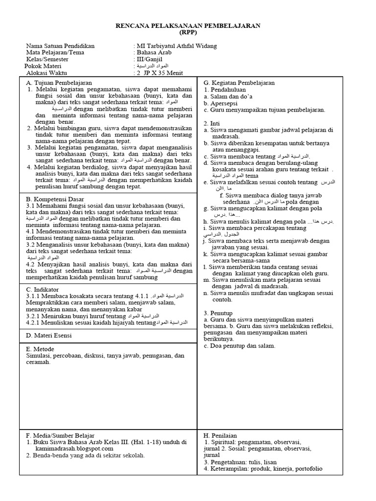 RPP Bahasa Arab Kelas 3 Semester 2 | PDF | Karier & Perkembangan | Seni ...