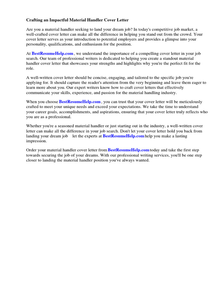 Material Handler Cover Letter | PDF | Warehouse | Forklift