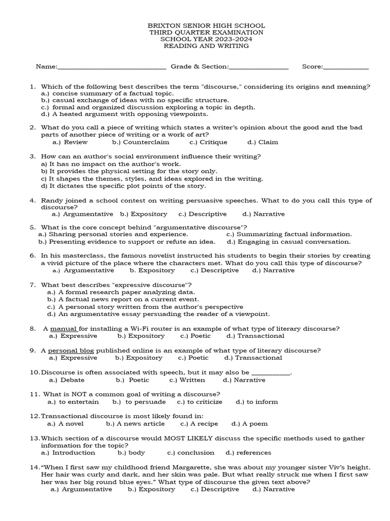 Reading and Writing 3RD Quarter Examination PDF Citation Jargon