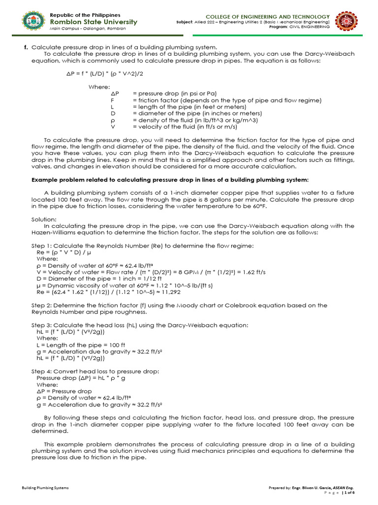 Plumbing System Pressure Drop Calculations | PDF | Plumbing | Septic Tank