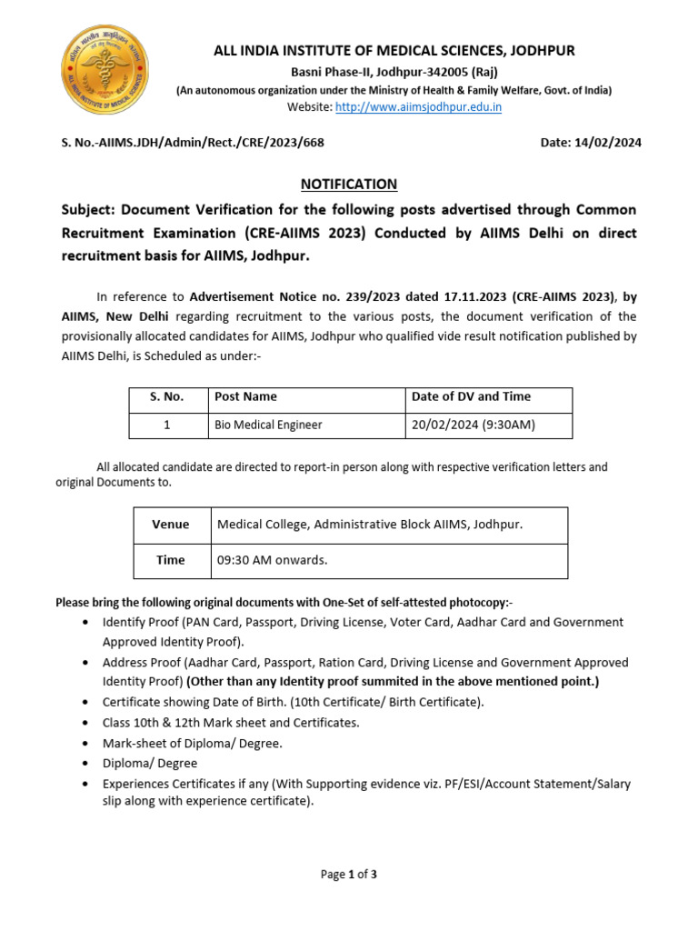 AIIMS Jodhpur Document Verification Notice | PDF | Affidavit | Government