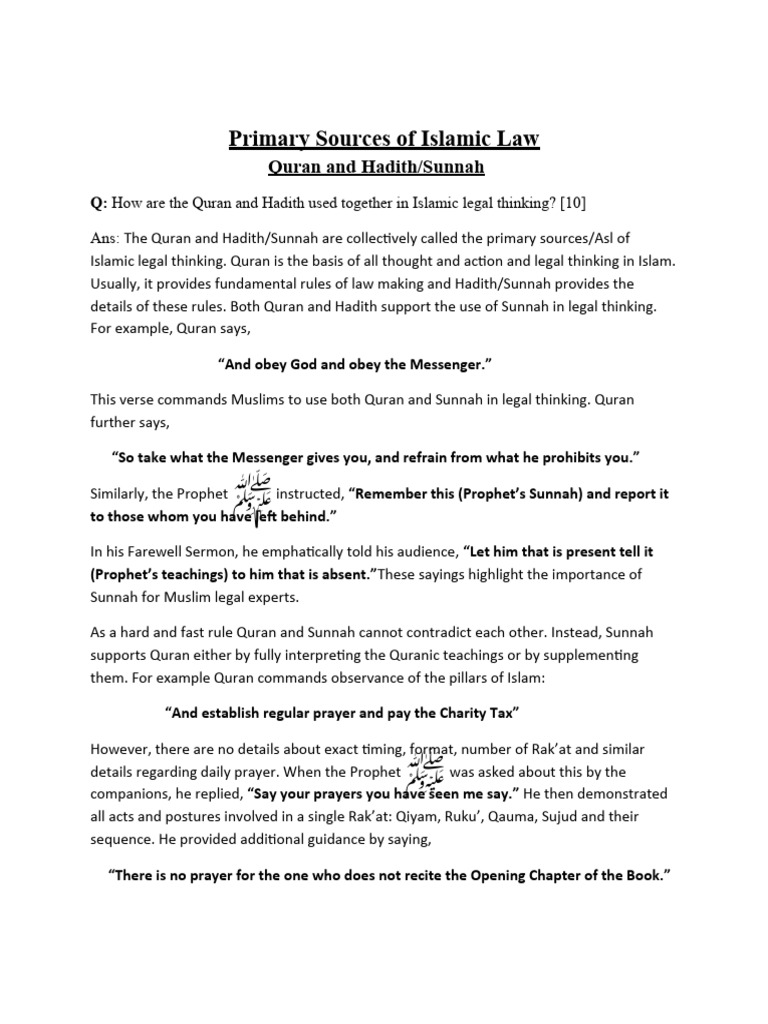 Primary Sources of Islamic Law PDF Hadith Quran